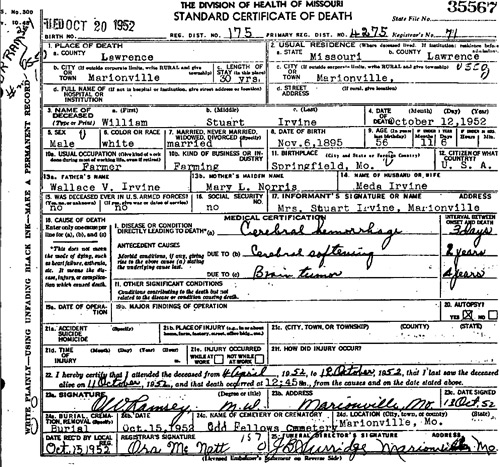 William S Irvine death certificate