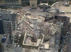 A frame grab taken from video footage shows an aerial view of the remains of the former town archive of the German city of Cologne, following the collapse of the building March 3, 2009. Reuters/RTL Television