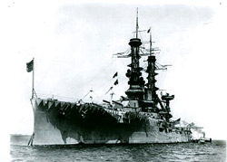The USS Utah sits in the water in its World War I battle paint - from the Deseret News Archives