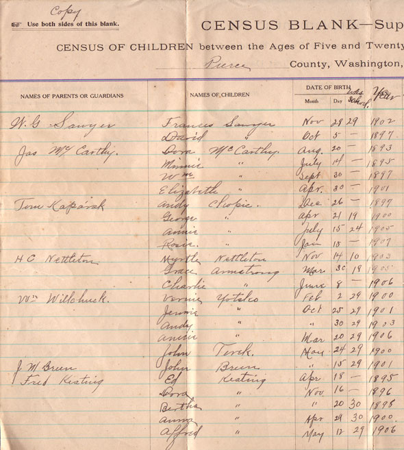 Arline Mills School Census - 1913 - page 1 - left