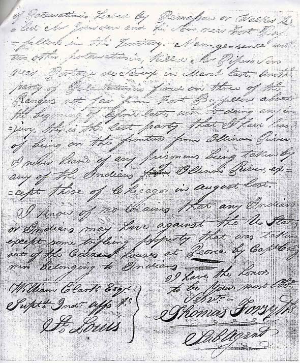 Page 12 (see above illustration for page 11) of a handwritten document dated July 20th, 1813 from Thomas Forsyth to William Clark (of the Lewis & Clark expedition – then Superintendent of Indian Affairs) which reports on the massacre of the Lively family and names the very American Indian tribe and party leader responsible for the murder.