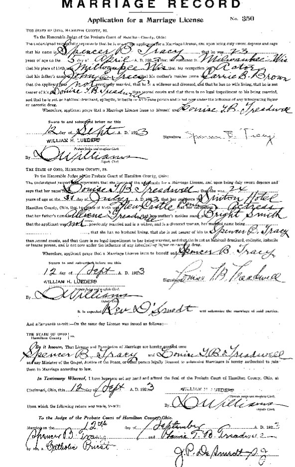 Spencer Tracy marriage document