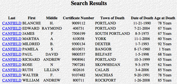 Maine Canfield Death Index