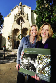 Valerie McAndrews of San Marino, left, co-author, with Cambria Smith of South Pasadena, oversaw the completion of the book Holy Family Church. (SGVN/staff photo by Walt Mancini)
