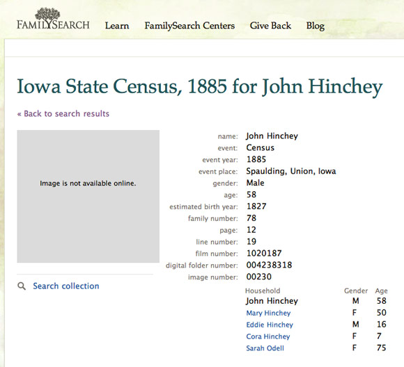 Iowa 1885 Census - John Hinchey