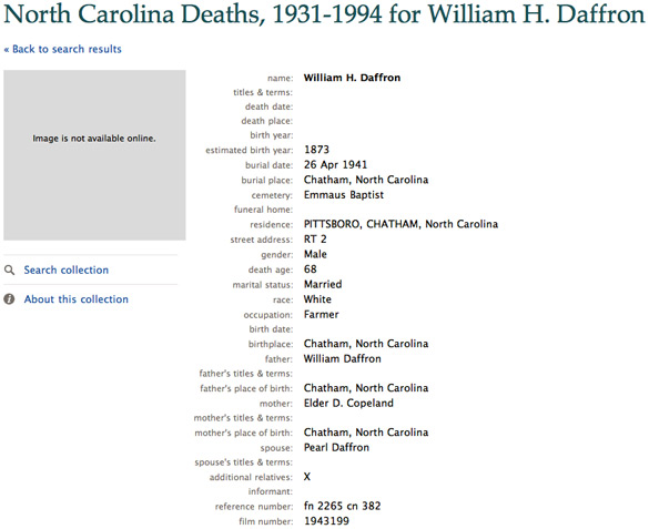 William H Daffron 26 Apr 1941 burial