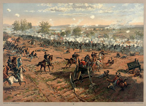 "Battle of Gettysburg", L. Prang & Co. print of the painting "Hancock at Gettysbug" by Thure de Thulstrup, showing Pickett's Charge. Restoration by Adam Cuerden.