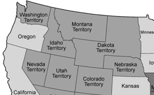 Idaho Territory (with a panhandle) after the creation of Montana Territory, and the expansion of Dakota Territory in 1864.  