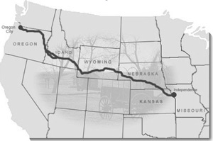 The Oregon Trail. Traditionally, the 2,000-mile-long wagon road began at Independence, Missouri and ended  at Oregon City, Oregon.