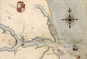 This detail made from a map drawn by Roanoke colonial leader John White, shows the location of Roanoke Island, the pink-colored island to the lower right.