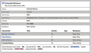 1915 New Jersey Census Index Search Result with Oswald Nelson as a Child
