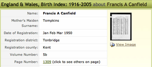 Francis Canfield Index entry