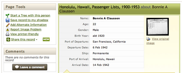 Honolulu Passenger List including Bonnie A Claussen - 1942 Honolulu Passenger List including Bonnie A Claussen - 1942